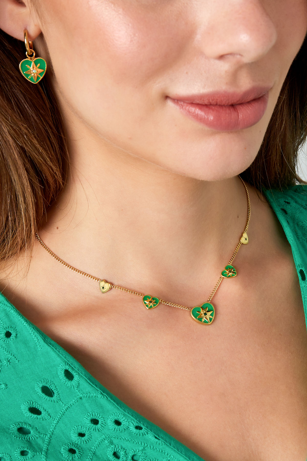Collar 5 corazones verde - oro h5 Imagen3